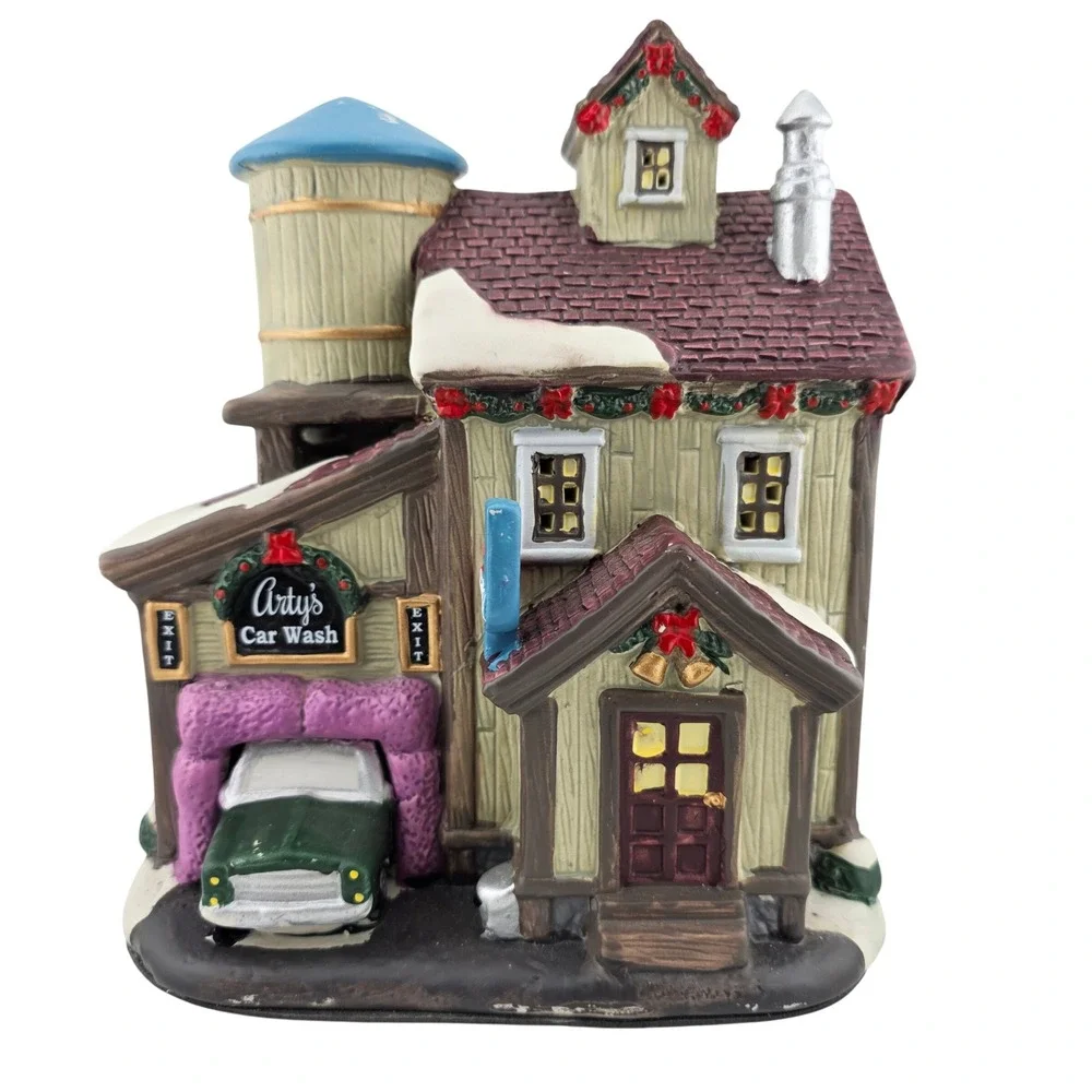 Country Charm Arty's Car Wash Christmas Village Building Display Excellent